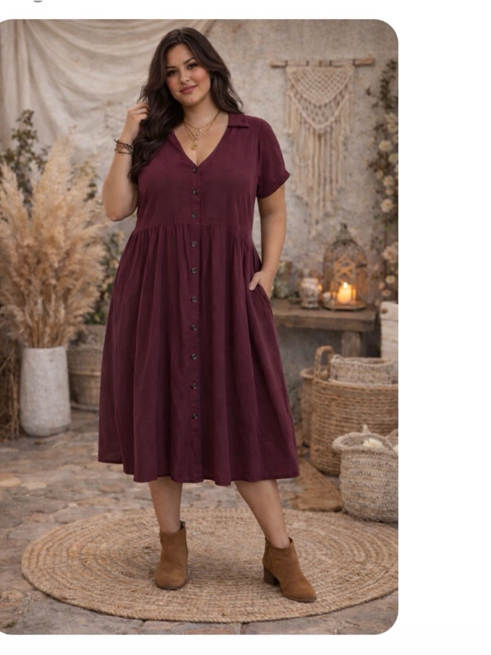 torrid Burgundy Button-Front Midi Dress